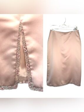 Vintage Satin Midi Pencil Skirt in pale pink with floral beaded trim